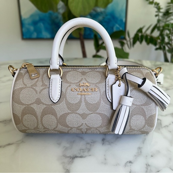 NWT COACH Lacey Barrel Crossbody Signature Canvas Gold Light Khaki Chalk CK689